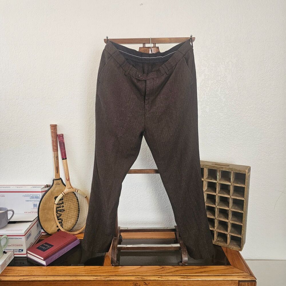 Brown Herringbone Trousers Mens Size XL Dark Academia Textured Dress Pants